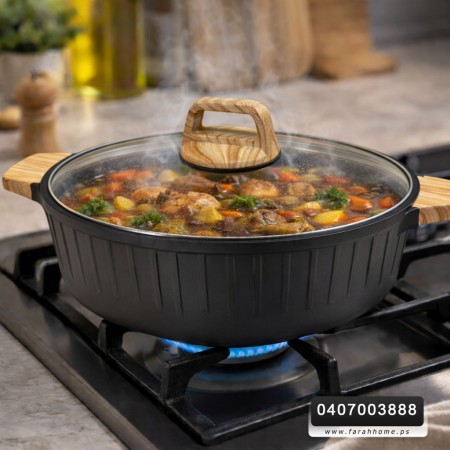 طقم طناجر جرانيت ثقيل اسود مع غطاء زجاج وايدي خشبية 5 قطع 20 - 24 - 28 - 32 سم + مقلى ( حيف واطي ) قياس 28 سم