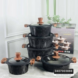 طقم طناجر جرانيت ثقيل اسود مع غطاء زجاج وايدي خشبية 5 قطع 20 - 24 - 28 - 32 سم + مقلى ( حيف واطي ) قياس 28 سم
