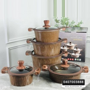 طقم طناجر جرانيت ثقيل اسود مع غطاء زجاج وايدي خشبية 5 قطع 20 - 24 - 28 - 32 سم + مقلى ( حيف واطي ) قياس 28 سم
