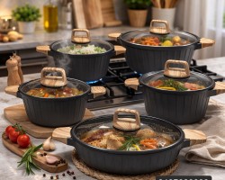 طقم طناجر جرانيت ثقيل اسود مع غطاء زجاج وايدي خشبية 5 قطع 20 - 24 - 28 - 32 سم + مقلى ( حيف واطي ) قياس 28 سم