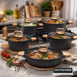 طنجرة 32 سم جرانيت ثقيل اسود مع غطاء زجاج وايدي خشبية