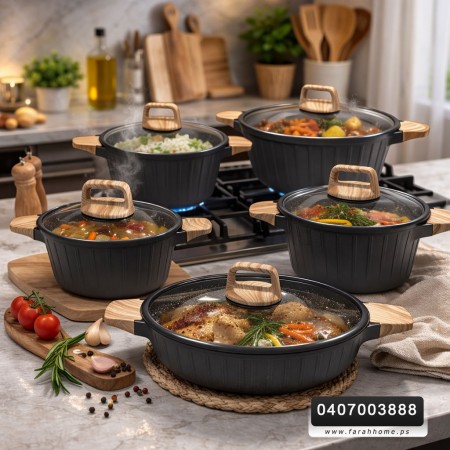 طقم طناجر جرانيت ثقيل اسود مع غطاء زجاج وايدي خشبية 5 قطع 20 - 24 - 28 - 32 سم + مقلى ( حيف واطي ) قياس 28 سم