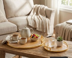 2 قطعة × طقم صواني وجه خشب بامبو بيضاوي جوانب حيف اكريليك وايدي ذهبي مقاس 40 × 46 + 15 × 18