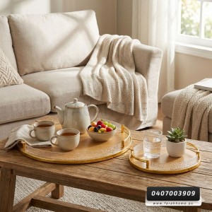 2 قطعة × طقم صواني وجه خشب بامبو بيضاوي جوانب حيف اكريليك وايدي ذهبي مقاس 40 × 46 + 15 × 18