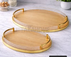 2 قطعة × طقم صواني وجه خشب بامبو بيضاوي جوانب حيف اكريليك وايدي ذهبي مقاس 40 × 46 + 15 × 18