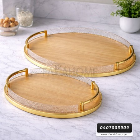 2 قطعة × طقم صواني وجه خشب بامبو بيضاوي جوانب حيف اكريليك وايدي ذهبي مقاس 40 × 46 + 15 × 18