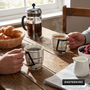 طقم كاسات ماغ بورسلان 12 قطعة ابيض مرسم خطوط N15-12