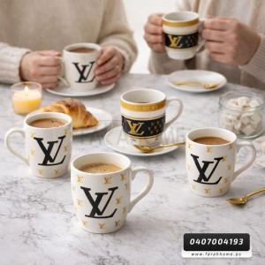 طقم كاسات ماغ بورسلان 12 قطعة ابيض مرسم اشكال مع خطوط N15-19