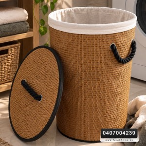 سله غسيل خشب بامبو مع يدين حبل مجدول - مدور