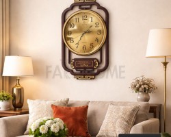 ساعة حائط تعليق مدورة ذهبية مع ارقام انجليزية كبيرة ذهبي اطار بني بلاستيك مستطيل ديكور HAISHI