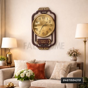 ساعة حائط تعليق مدورة ذهبية مع ارقام انجليزية كبيرة ذهبي اطار بني بلاستيك مستطيل ديكور HAISHI