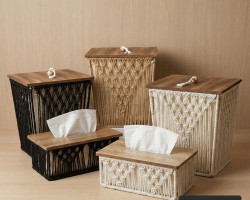 طقم سلة مهملات مربع مع علبة محارم خيطان صنارة مجدول طولي