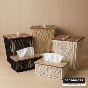 طقم سلة مهملات مربع مع علبة محارم خيطان صنارة مجدول طولي