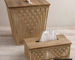 طقم سلة مهملات مربع مع علبة محارم خيطان صنارة مجدول طولي