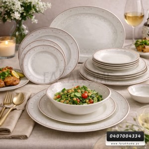 طقم صحون 24 قطعة  بورسلان بيضاوي حيف نقشة ورد حز ذهبي موديل SJ200-7