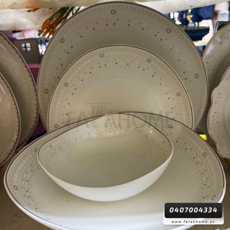 طقم صحون 24 قطعة  بورسلان بيضاوي حيف نقشة ورد حز ذهبي موديل SJ200-7