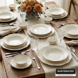 طقم صحون 24 قطعة  بورسلان حيف نقشة مونس حز ذهبي موديل HK200-1