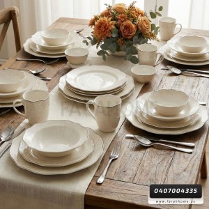 طقم صحون 24 قطعة  بورسلان حيف نقشة مونس حز ذهبي موديل HK200-1