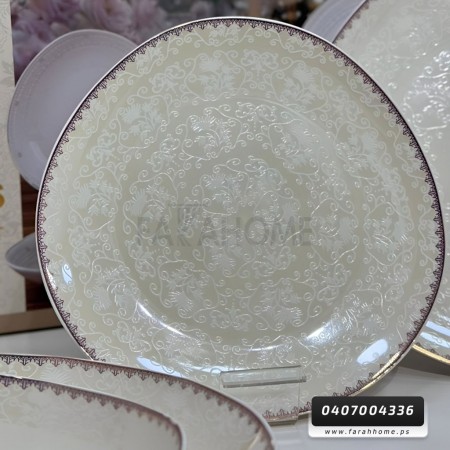 طقم صحون 24 قطعة  بورسلان بيضاوي حيف معرق حز ذهبي موديل SJ200-5