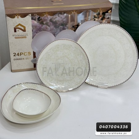 طقم صحون 24 قطعة  بورسلان بيضاوي حيف معرق حز ذهبي موديل SJ200-5