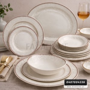 طقم صحون 24 قطعة  بورسلان بيضاوي حيف معرق حز ذهبي موديل SJ200-5