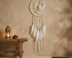 زينة رمضان / تعليقة هلال ابيض قش مع ريش وخرز 75 سم