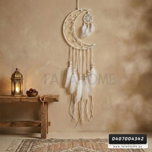 زينة رمضان / تعليقة هلال ابيض قش مع ريش وخرز 75 سم