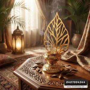 مبخرة ذهبي بيوتر شكل ورقة مع غطاء  20 سم