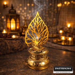 مبخرة ذهبي بيوتر شكل ورقة مع غطاء  20 سم