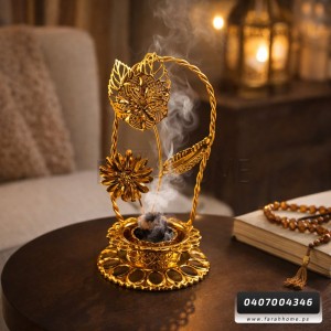 مبخرة ذهبي بيوتر شكل ورد مع حمالة لليد بدون غطاء  15 سم