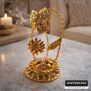 مبخرة ذهبي بيوتر شكل ورد مع حمالة لليد بدون غطاء  15 سم