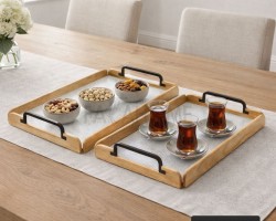 طقم صواني صينية خشب بامبو بارضية رخام ابيض و اطراف خشب عسلي ويد اسود قطعتين