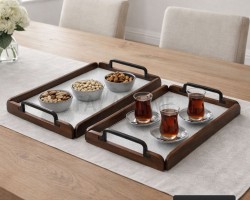 طقم صواني صينية خشب بامبو بارضية رخام ابيض و اطراف خشب بني ويد اسود قطعتين