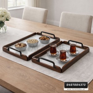 طقم صواني صينية خشب بامبو بارضية رخام ابيض و اطراف خشب بني ويد اسود قطعتين