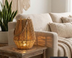 تيبل لامب بوهيمي قش رتان كبير بطارية مع حبل تعليق