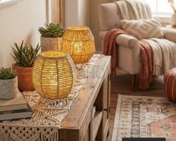 فانوس - تيببل لامب بوهيمي قش رتان وسط مع بطارية