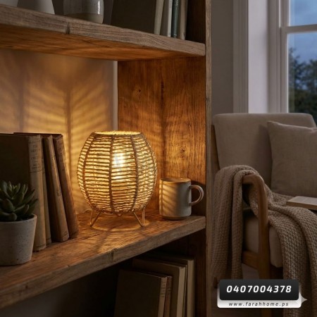 فانوس - تيببل لامب بوهيمي قش رتان وسط مع بطارية