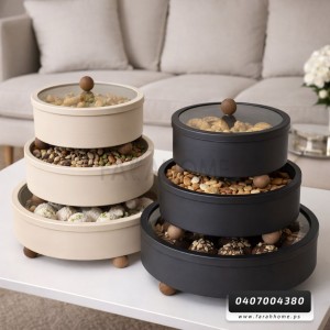 طقم علب تقديم - حفظ حلويات معدن مع غطاء زجاج وارجل خشبية 3 قطع