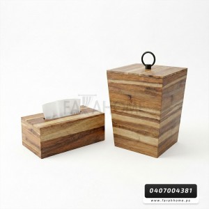 سلة - دلو مهملات مع علبة محارم خشب مع غطاء طقم