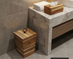 سلة - دلو مهملات مع علبة محارم خشب مع غطاء طقم