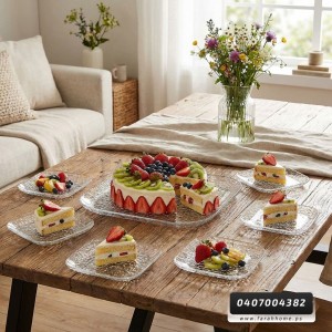 طقم جاط كيك - فواكه  زجاج مع 6 صحون سادة