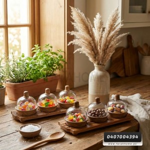 مضيفة حلاي - طقم علب تفضيل - تقديم 3 عيون مع غطا زجاج وقاعدة خشب برجل طابة