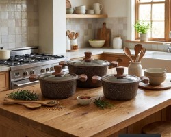 طقم طناجر الدبابة  40-36-32 سم جرانيت ثقيل لون بني مع غطاء زجاج وايدي خشبية 3 قطع مقاس 