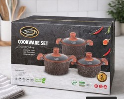 طقم طناجر الدبابة  40-36-32 سم جرانيت ثقيل لون بني مع غطاء زجاج وايدي خشبية 3 قطع مقاس 