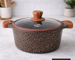 طنجرة الدبابة  32 سم جرانيت ثقيل لون بني مع غطاء زجاج وايدي خشبية