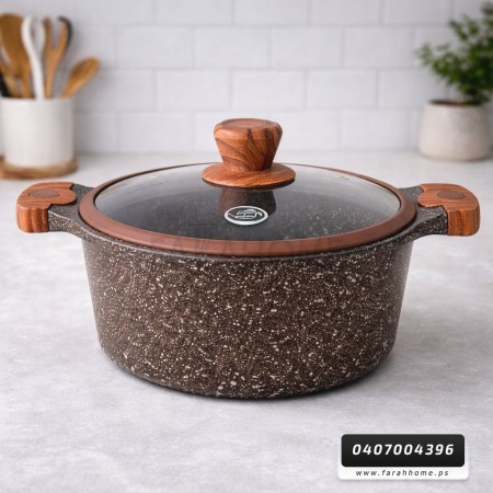 طنجرة الدبابة  36 سم جرانيت ثقيل لون بني مع غطاء زجاج وايدي خشبية