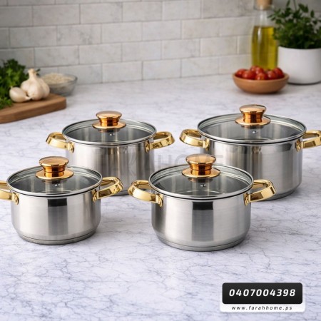 طقم طناجر ستانلس مع غطاء زجاج نمرة 4 قطع مقاس 16-18-20-24 سم Hoffavorer 