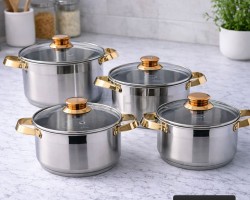 طقم طناجر ستانلس مع غطاء زجاج  نمرة 4 قطع مقاس 22-24-26-28 سم Hoffavorer