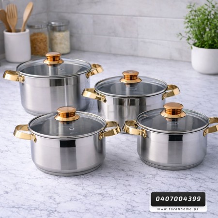 طقم طناجر ستانلس مع غطاء زجاج  نمرة 4 قطع مقاس 22-24-26-28 سم Hoffavorer