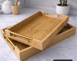 طقم 2 قطعة × صواني تقديم خشب بامبو مستطيل مع يد معدن ذهبي